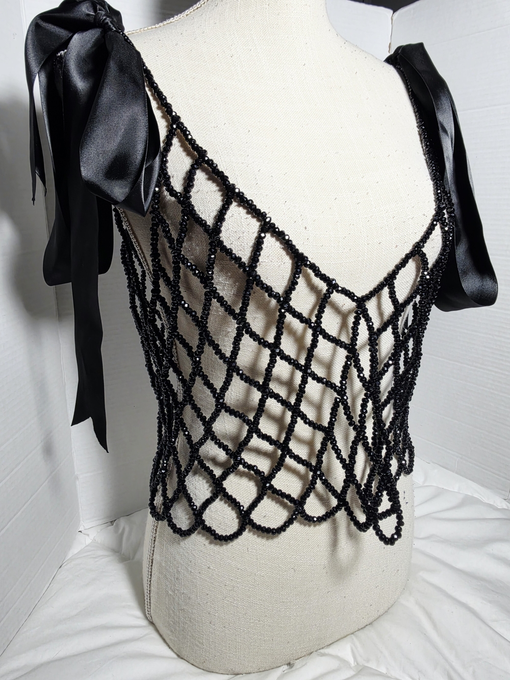 & Other Stories Black Beaded Net Tie-Shoulder Camisole